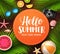 Hello summer vector banner template with greeting text in orange circle, palm leaves and beach elements