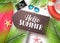 Hello summer vector banner. Wooden sign board with hello summer text and beach elements