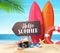 Hello summer vector design concept. Wooden sign board with hello summer text and beach elements