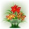 Hello summer, Vector illustration set of daylily with red, orange, brown delicate flowers and green leaves, sale banner