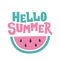 Hello Summer. Vector illustration with text and watermelon. Cute seasonal poster.