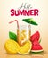Hello summer vector poster design. Hello summer text with orange drink and watermelon fruit 3d realistic element for summer.
