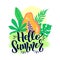 Hello summer vector poster with lettering. Vector illustration papaya fruit with palm leaves on grunge brush stroke