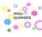 Hello summer welcome greeting card. White background with colourful swirl shapes. Happy, positive, cheerful mood.