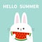 Hello summer. White bunny rabbit head face holding eating watermelon slise. Big ears. Cute kawaii cartoon funny character. Baby gr