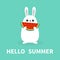 Hello summer. White bunny rabbit holding eating watermelon slice cut. Funny head face. Cute kawaii cartoon character. Big ears. Ba