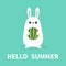 Hello summer. White bunny rabbit holding whole ripe watermelon . Funny head face. Cute kawaii cartoon character. Big ears. Baby gr