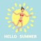 Hello summer. Woman wearing swimsuit jumping. Sun shining icon. Happy girl jump. Cartoon laughing character in red swimming suit.