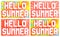 Hello Summer words on the poster. Bright background with radiating rays