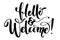 Hello and welcome calligraphy lettering isolated on white. Hand drawn typography poster. Polite words written with brush