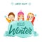 Hello WInter Banner concept. Cute happy children play snowballs. Flat style.