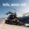 Hello, winter chill text over snowplough on christmas winter mountainside