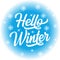 Hello Winter and Christmas greeting card template with text on snowfall patterned lightblue background