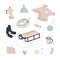 Hello winter. Delicate minimalistic set of elements for winter decor. Sweater, socks, garland, hat, mittens, sled, candle, coffee