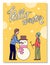 Hello Winter Greeting Card with People and Snowman