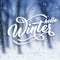 Hello Winter handlettering inscription. White text with snow on the background of snow-covered forest. Winter logos and