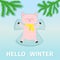 Hello winter. Pig laying on back. Making snow angel. Moving paws. Fir tree. Branch spruce Cute cartoon funny character. Top air vi