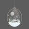 Hello winter snow globe. Glass bauble with glass sphere. House, Christmas tree and snowflakes. Ball toy with Christmas decor flat