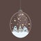 Hello winter snow globe. Glass bauble with glass sphere. House, Christmas tree and snowflakes, deer, moon. Ball toy with Christmas