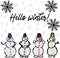 Hello Winter square card with four comical snowmen and snowflakes