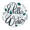 Hello Winter text decorative with snowflakes and leaves. Decoration for cards, poster, banners and more.