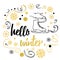 Hello Winter text. Winter background with hand drawn skate, snowflakes in modern golden colors