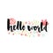 Hello world banner with brush lettering and pastel pink hand drawn flowers