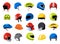 Helmet collection. Cartoon bike motorcycle driver sport building engineer worker security hats, head protection concept