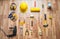 Helmet, drill, hammer, work gloves and construction tools