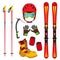 Helmet, gloves, ski, boots, pads, ice pick in flat style.