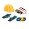 Helmet, gloves, tester. Isometric construction tools.