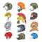 Helmet vector helm equipment protection or safety sport headpiece protecting head illustration set of motorcycle