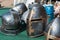 Helmets of knight armor on display for sale