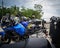 Helmets on the Super Tenere motorcycles parking together at the roadside