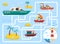 Help the boat find the right way to the lighthouse. Color maze or labyrinth game for preschool children. Puzzle. Tangled road.