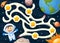 Help cosmonaut find path to Earth and collect all stars. Labyrinth. Maze game for kids