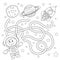 Help cosmonaut find path to rocket. Labyrinth. Maze game for kids. Black and white vector illustration for coloring book