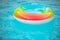 Help for drowning person. Rubber circle, swimming pool. Summertime.