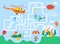 Help the fire helicopter find the right way to extinguish the fire. Color maze or labyrinth game for preschool children. Puzzle.
