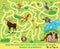 Help the little hare find a safe road to his family. Beware of predators! Color maze or labyrinth game for children. Puzzle.