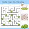 Help the sheep to find the cabbages. Funny maze and cute cartoon character lamb isolated on colorful background. One entrance.