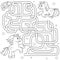 Help unicorn find path to friend. Labyrinth. Maze game for kids. Vector black and white illustration for coloring book