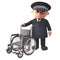 Helpful 3d police officer policeman character standing by with a wheelchair, 3d illustration