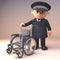 Helpful policeman police officer character in 3d offering a wheelchair, 3d illustration