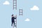 Helping hand, business support to reach career target or help to climb up ladder of success concept, businessman climbing up to