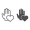 Helping hand of charity line and solid icon. Human palm and heart shape symbol, outline style pictogram on white