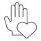 Helping hand of charity thin line icon. Human palm and heart shape symbol, outline style pictogram on white background