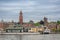 Helsinborg, Sweden - May, 2018: View of the city centre and the port of Helsingborg in Sweden. The ship is moored in port in