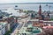 Helsinborg, Sweden - May, 2018: View of the city centre and the port of Helsingborg in Sweden. The ship is moored in port in