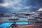 Helsinki, Finland - August 16, 2019: Panorama of South harbour of Helsinki. Ferry boats at the waterfront of Market Square. Allas